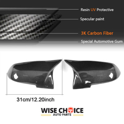 BMW Carbon Fiber Mirror Covers attached to a BMW Sedan Series vehicle, showcasing its glossy finish and deep pattern.