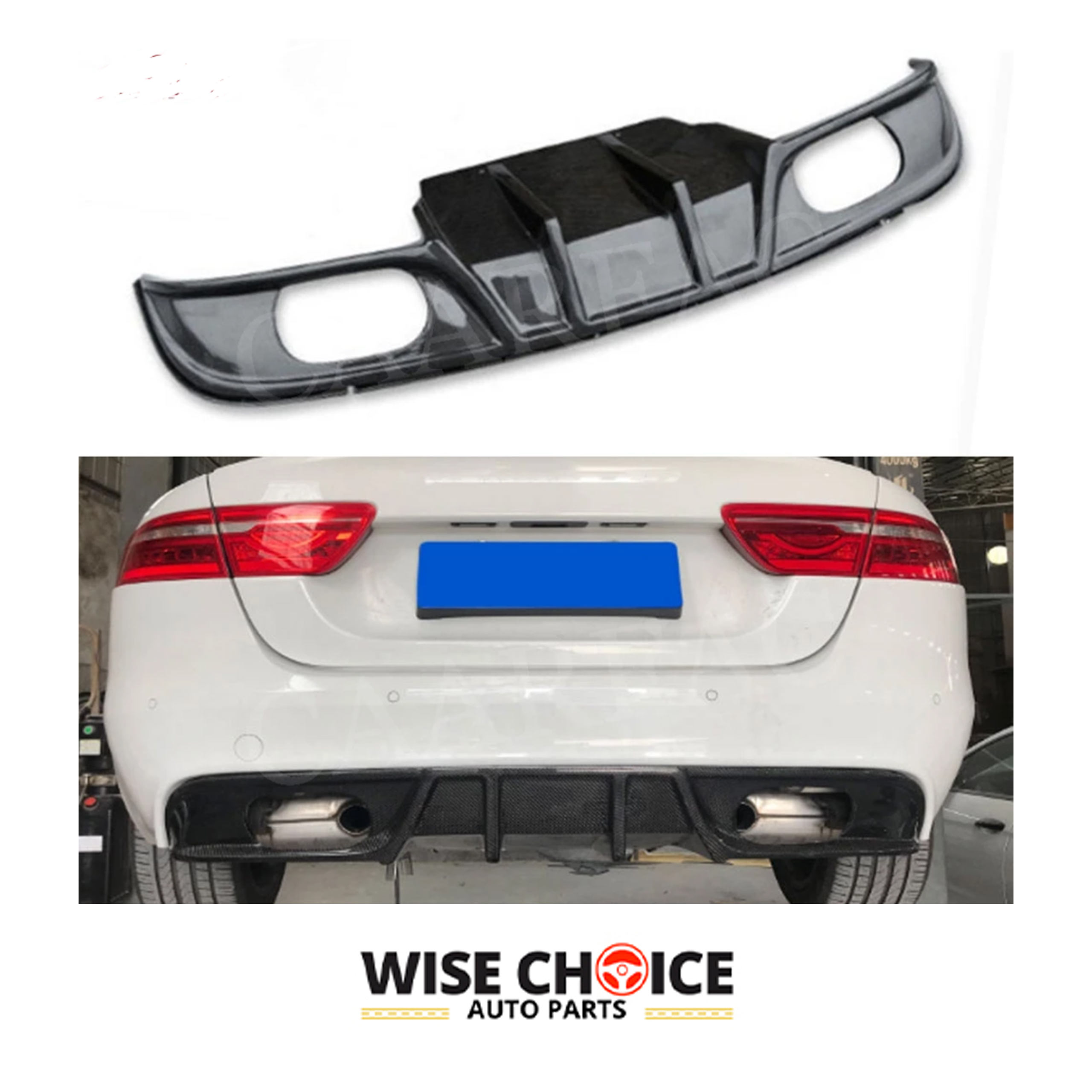 2017-2019 Jaguar XE Sedan with high-quality carbon fiber rear diffuser installed, enhancing the vehicle's aggressive stance and aerodynamics.
